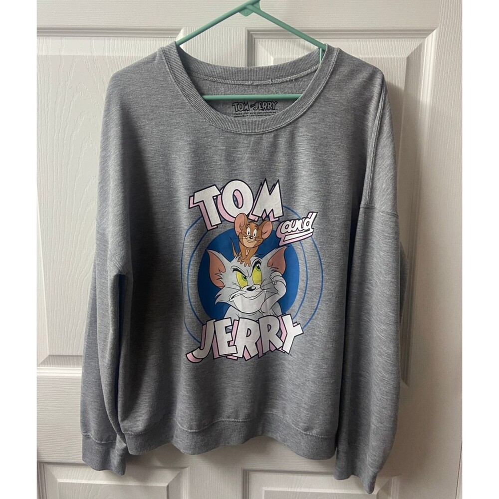 Tom and Jerry Sweatshirt pullover Womens XL Long Sleeve Crew Neck Casual Gray